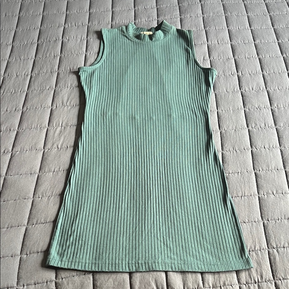 Charlotte Russe Teal Ribbed Dress with High Neck and Keyhole Open Back - Size M